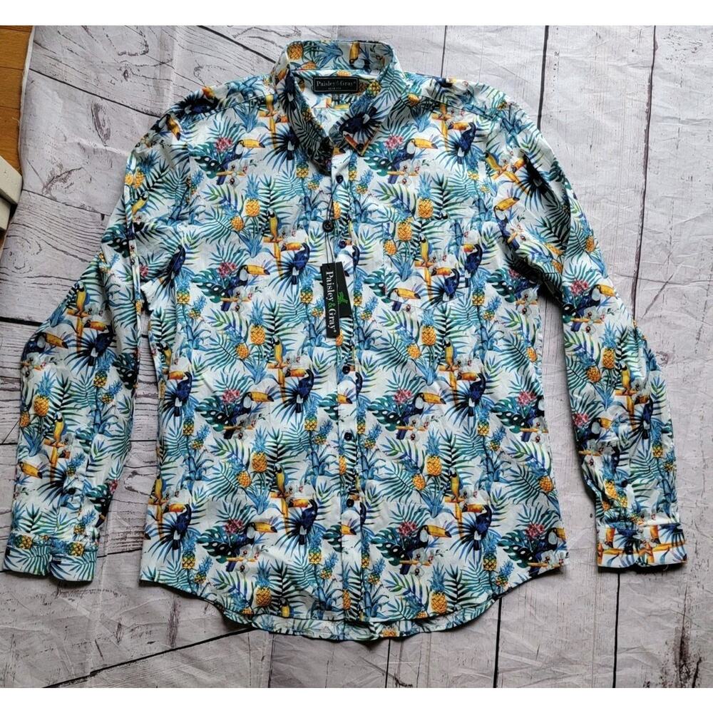 Paisley & Gray Long Sleeve Shirt Mens XL 18 Floral Slim Fit Hawaiian Tropical